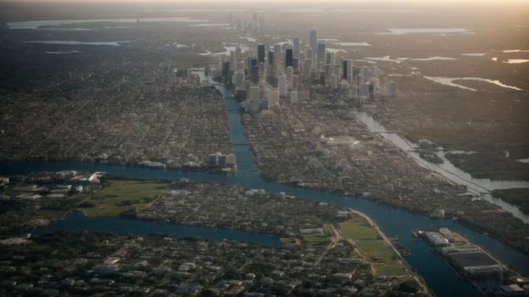a sunlit florida cityscape contrasts with a vast map of the united states.