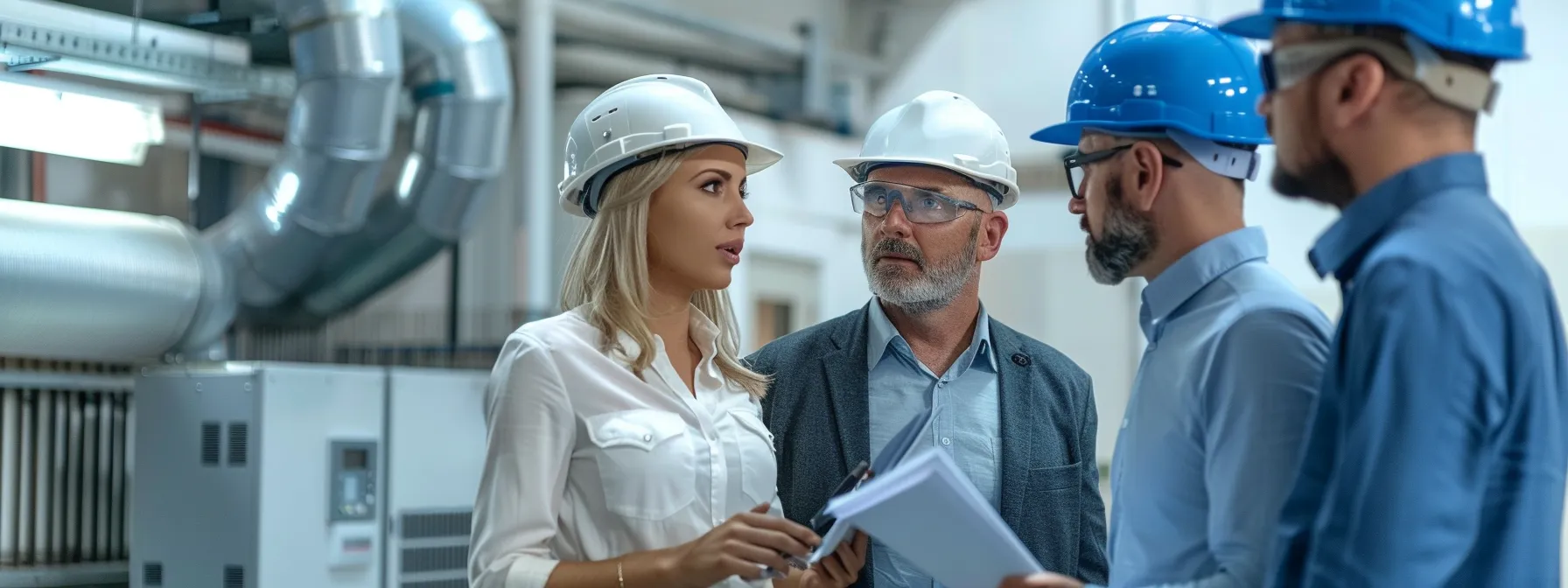 a group of professionals reviewing maintenance plans for air conditioning systems.
