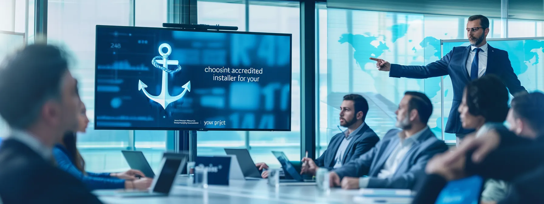 How Choosing an Accredited Solar Installer Transforms Your Energy Efficiency 2 group of business professionals in a meeting room, pointing to a large anchor symbol on a presentation slide with the text "choosing the right accredited solar installer for your project" displayed.