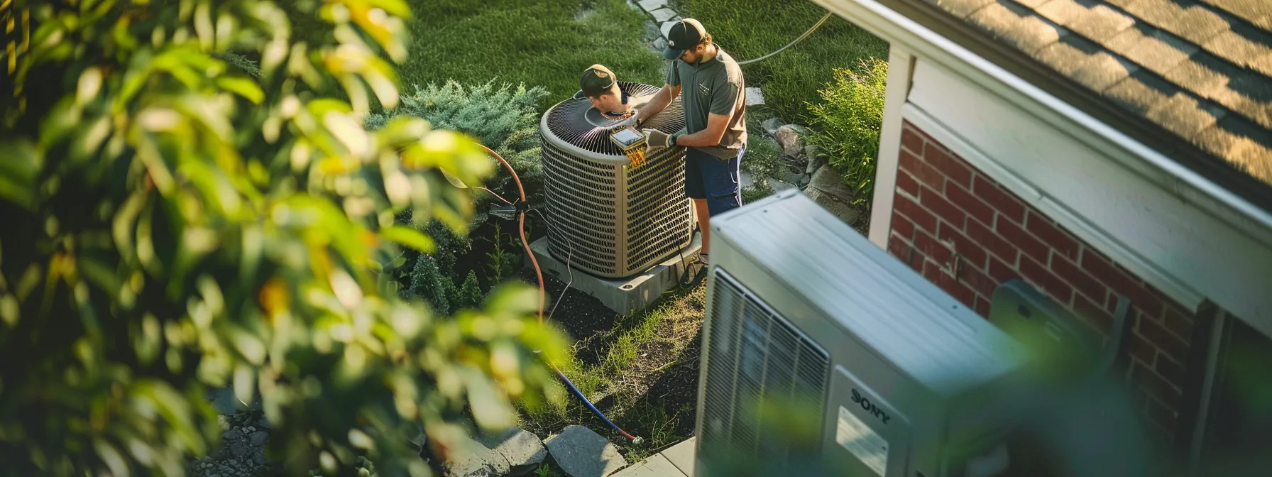 a team of technicians working on an air conditioning unit tied to an anchor outside a home in woodstock.