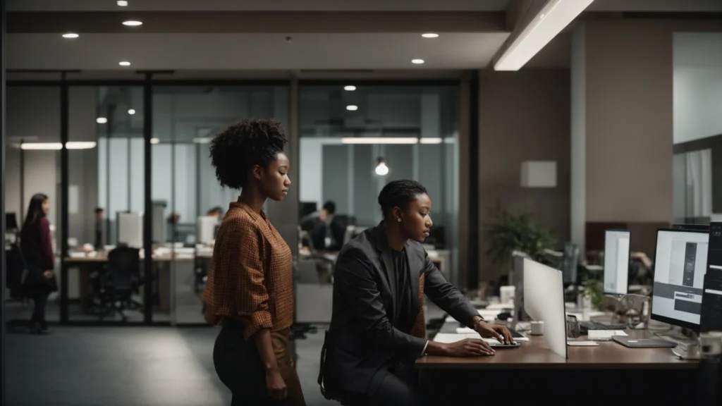 two people collaborating over a computer in an office setting.