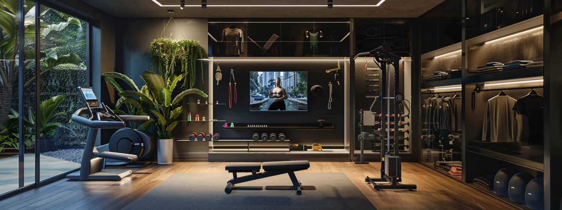 The Rise of Athleisure: How Fashion Meets Fitness in Modern Lifestyles 1 a sleek smart home gym setup blends seamlessly with stylish athleisure attire on display.